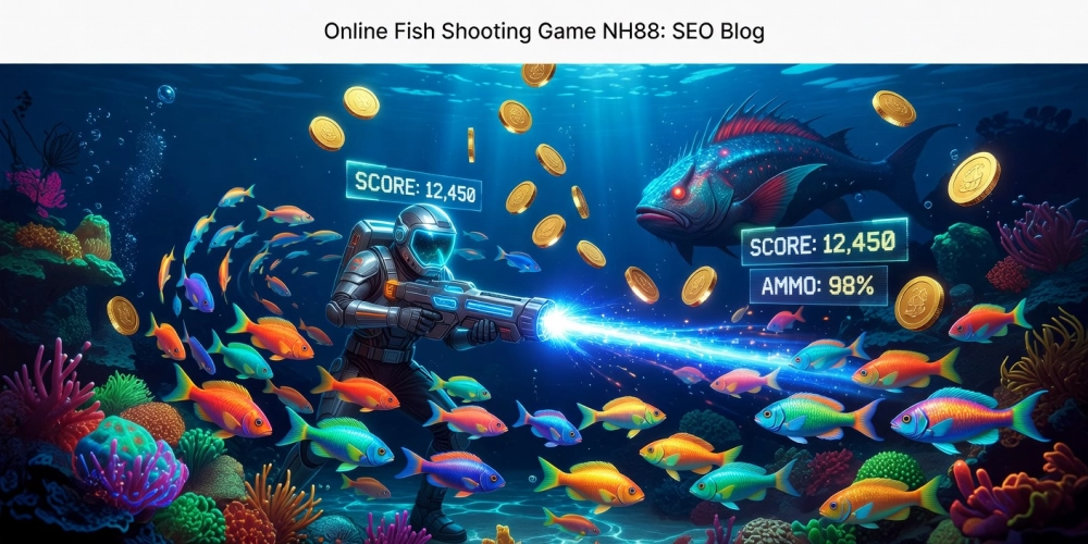 Khái niệm bắn cá online nh88 được minh họa qua hình ảnh đại dương cá đầy màu sắc và người chơi cầm súng săn thưởng