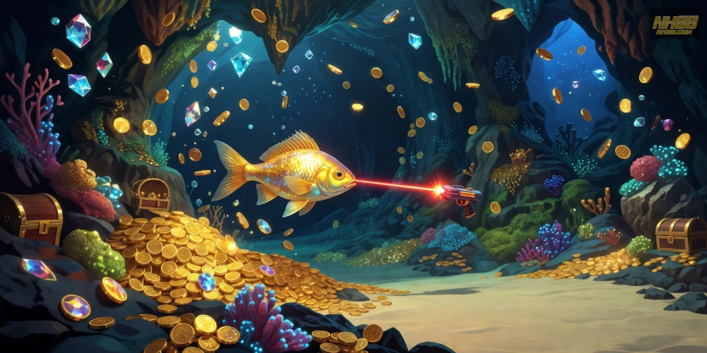Hình ảnh săn cá vàng lấp lánh trong game bắn cá nh88 với hiệu ứng ánh sáng rực rỡ