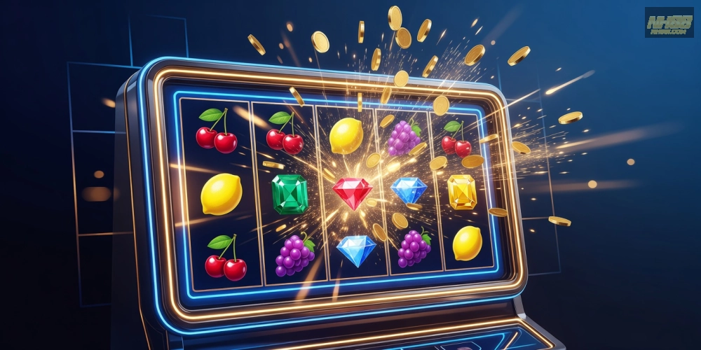 Minh họa khái niệm nổ hũ nh88 với hình ảnh slot machine hiện đại và jackpot sáng rực