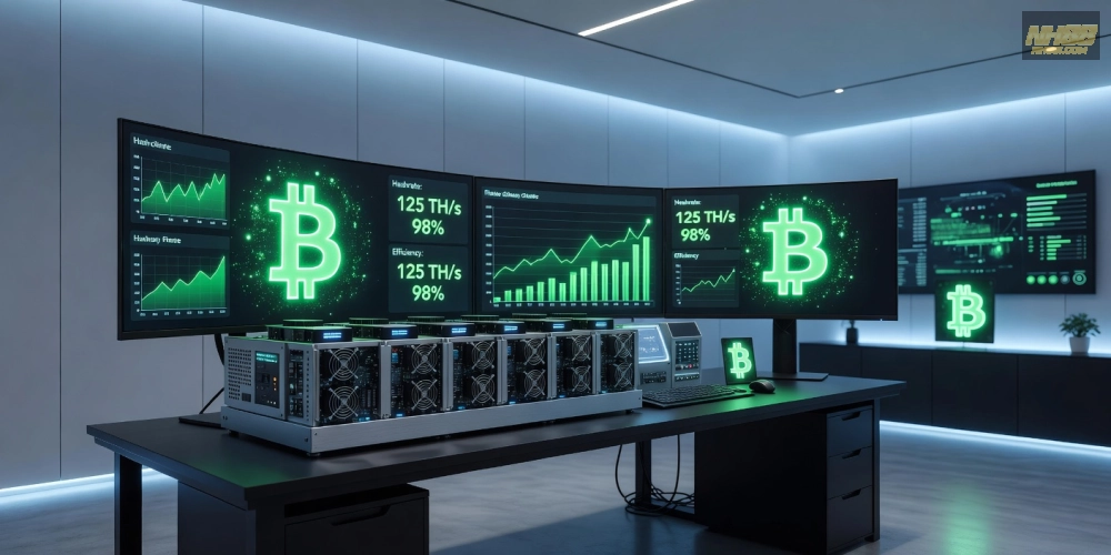 Minh họa quy trình đào Bitcoin trên nền tảng NH88 với thiết bị hiện đại
