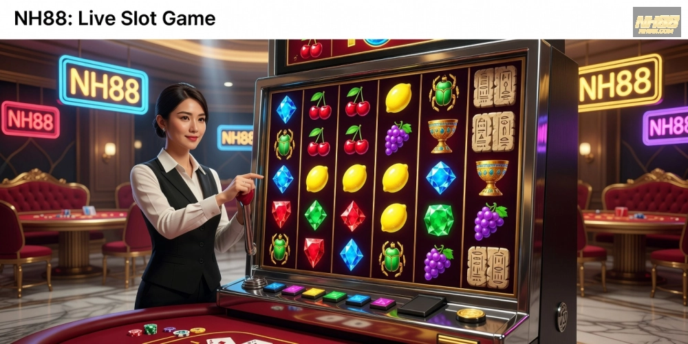 Hình minh họa giao diện live casino slot games nh88 với dealer trực tiếp và các biểu tượng slot rực rỡ